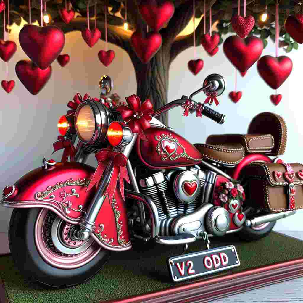 An endearing illustration themed around Valentine's Day, featuring a shiny red motorcycle in the style of classic motorbikes, embellished with ribbons and hearts. The vehicle's license plate boldly displays the inscription 'V2 ODD'. This charming motorbike is parked beneath a tree, which has a collection of heart-shaped decorations hanging from its branches, casting a lovely glow that enhances the romantic ambiance of the scene.
Generated with these themes:  Red Harley Davidson Motor bike, and Registration V2 ODD.
Made with ❤️ by AI.