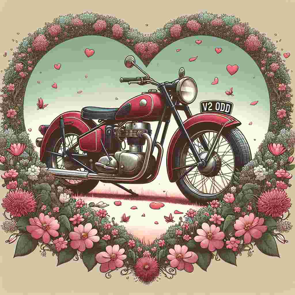 Craft a romantic illustration for Valentine's Day that spotlights a classic red motorbike, distinguished by the peculiar license plate 'V2 ODD'. The motorcycle is situated in the middle of a heart-shaped clearing encircled by a multitude of flowers and delicate pink blossoms which all contribute to produce an enchanted, love-induced ambiance.
Generated with these themes:  Red Harley Davidson Motor bike, and Registration V2 ODD.
Made with ❤️ by AI.