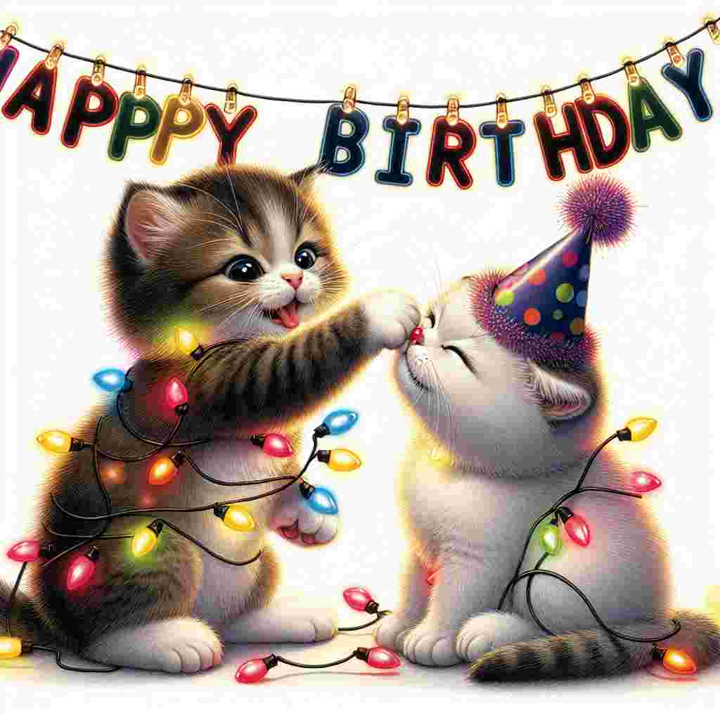 A whimsical birthday illustration showcases a pair of adorable kittens playfully tangled in a string of colorful party lights, with one kitten wearing a tiny party hat. The scene humorously depicts the 'funny sister' sentiment as one kitten gently boops the other's nose. Above them, 'Happy Birthday' is spelled out in dangling letters, adding to the festive atmosphere.
Generated with these themes: funny sister  .
Made with ❤️ by AI.