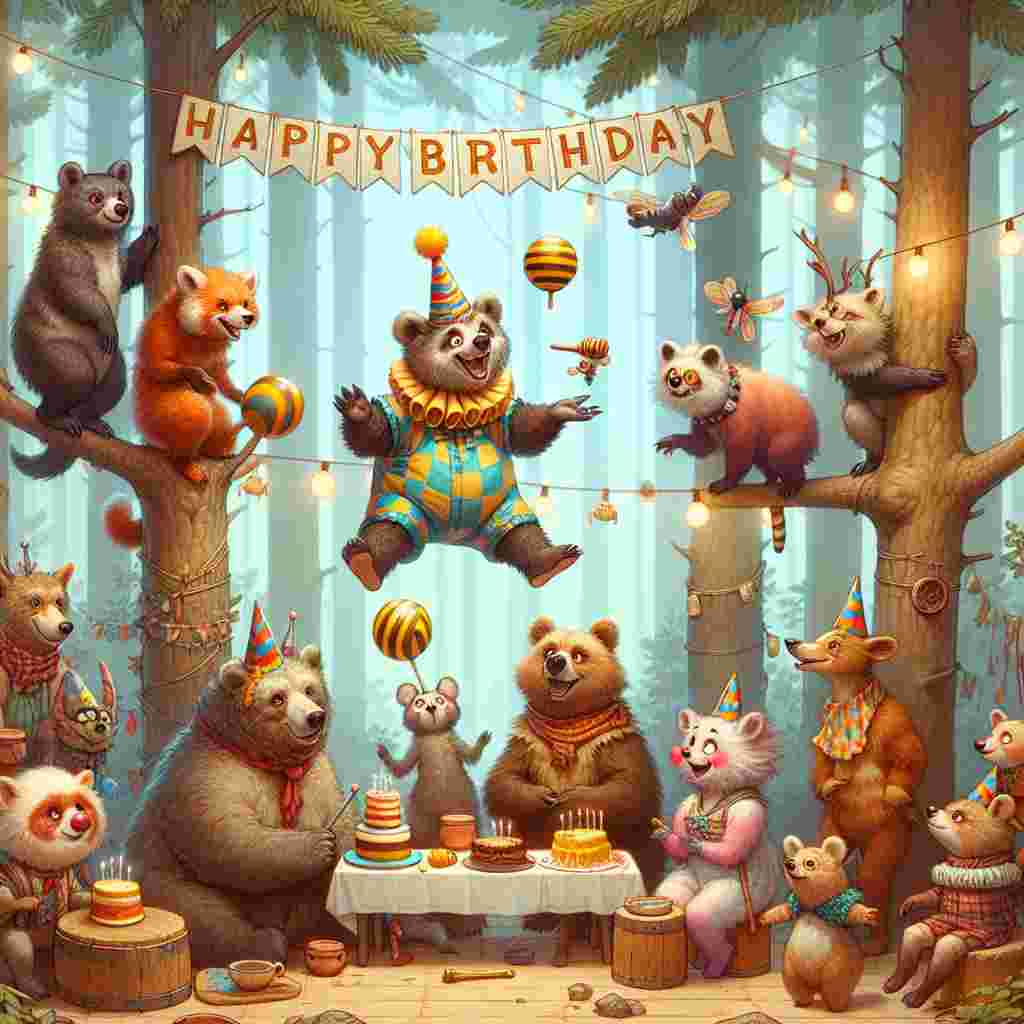In this charming illustration, a group of anthropomorphic forest animals throws a surprise party with the 'funny sister' being a bear dressed in a clown outfit juggling honey pots. The festive scene is complete with woodland decorations and a sign hanging from the trees with the text 'Happy Birthday' framed by twinkling fairy lights.
Generated with these themes: funny sister  .
Made with ❤️ by AI.