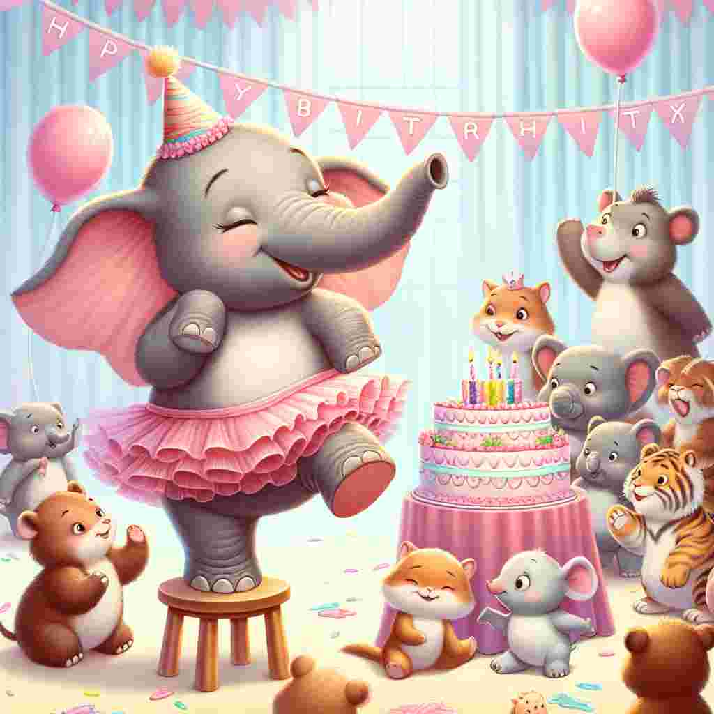 An endearing scene with cartoonish animals gathered around a cake, where a jovial elephant dressed in a pink tutu represents the 'funny sister' role, attempting to balance on a tiny stool. In the background, a banner with the text 'Happy Birthday' sways, complementing the laughter-filled party ambiance.
Generated with these themes: funny sister  .
Made with ❤️ by AI.
