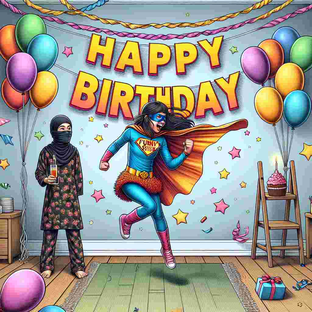 Featuring a cozy room filled with balloons and streamers, the illustration depicts a girl in a superhero costume with a cape labeled 'funny sister', leaping joyously as she startles her sibling, who is holding a birthday cupcake. The phrase 'Happy Birthday' is prominently displayed on the wall in bold, cheerful lettering, enhancing the playful theme.
Generated with these themes: funny sister  .
Made with ❤️ by AI.