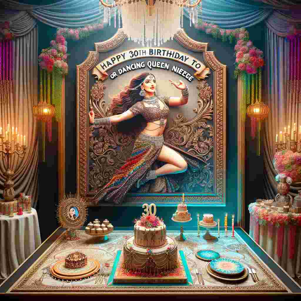 Depict a vibrant birthday scene with a touch of realistic charm. At the center, a South Asian Bollywood dancer, dressed in a detailed, shimmering costume, is the main focus under the spotlight, symbolizing an authentic Hindi cinema experience. The surrounding area is tastefully decorated, representing a celebratory theme. A banner prominently hangs with the message 'Happy 30th Birthday to our dancing queen Niece,' showing an affectionate sentiment. The stage is complemented by an elaborately decorated cake, adorned with intricate icing and edible garnishes suggesting celebration, as the delightful centerpiece of the joyous birthday festivities.
Generated with these themes: Bollywood dancer on stage, Happy 30th Birthday to our dancing queen Niece, and Add cake & birthday celebratiosn.
Made with ❤️ by AI.