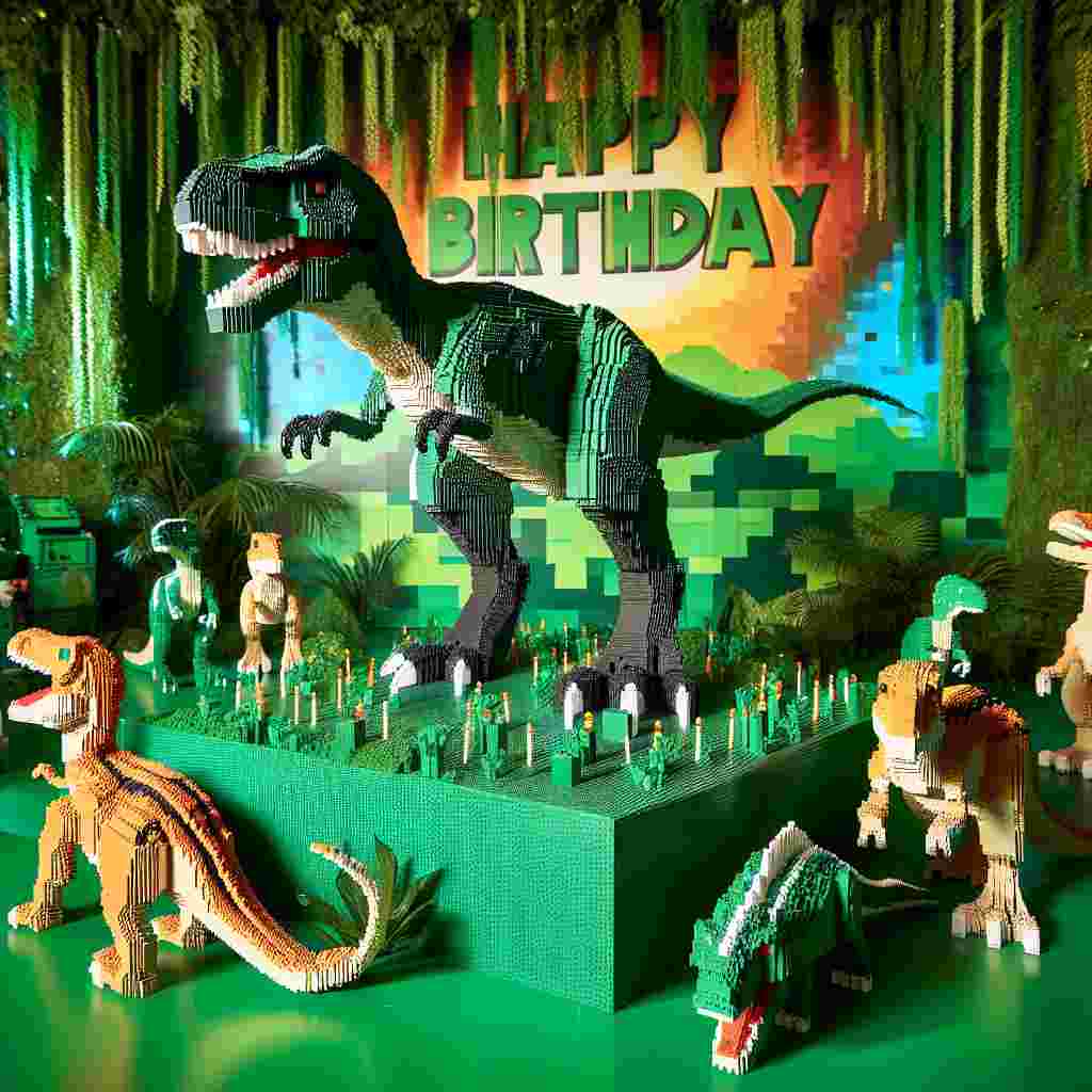 Picture a celebratory environment, buzzing with enthusiasm for a 6th birthday party. Lego-inspired dinosaur figurines, reminiscent of the Jurassic era, blend into the surroundings adorned with rich green decorations. These are suggestive of the lush environment found in the block-based adventure game. The Constructible creatures breathe a touch of reality into the scenery, perfectly in sync with the pixel-style decor that serves as a playground for imagination and adventure.
Generated with these themes: Jurassic lego, Green, Minecraft, and 6.
Made with ❤️ by AI.