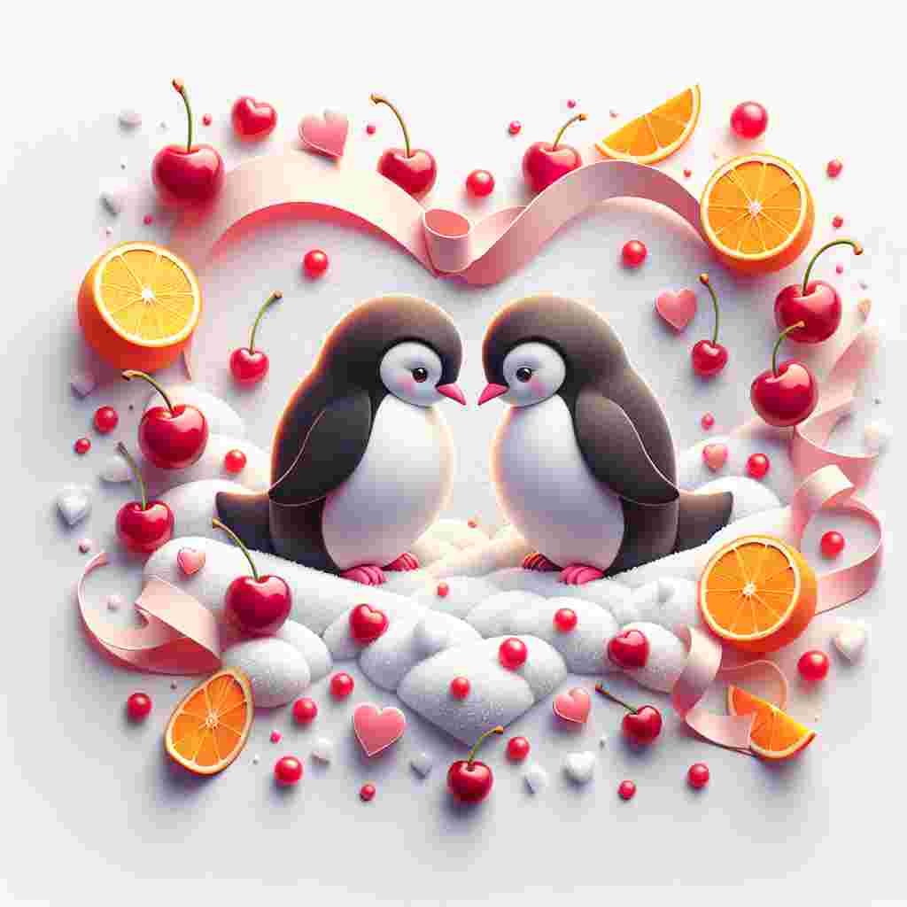 Generate a charming illustration for Valentine's Day displaying two penguins on a snowy hill. The penguins are standing close, their wings touching and forming a heart shape as they intently gaze into each other's eyes. Surrounding the pair, on the white snow, are vibrant orange slices and shiny red cherries that add a contrast of color. The cherries are bonded together with a pink ribbon that signifies love and connection.
Generated with these themes: Penguins, Cherrys, and Orange.
Made with ❤️ by AI.