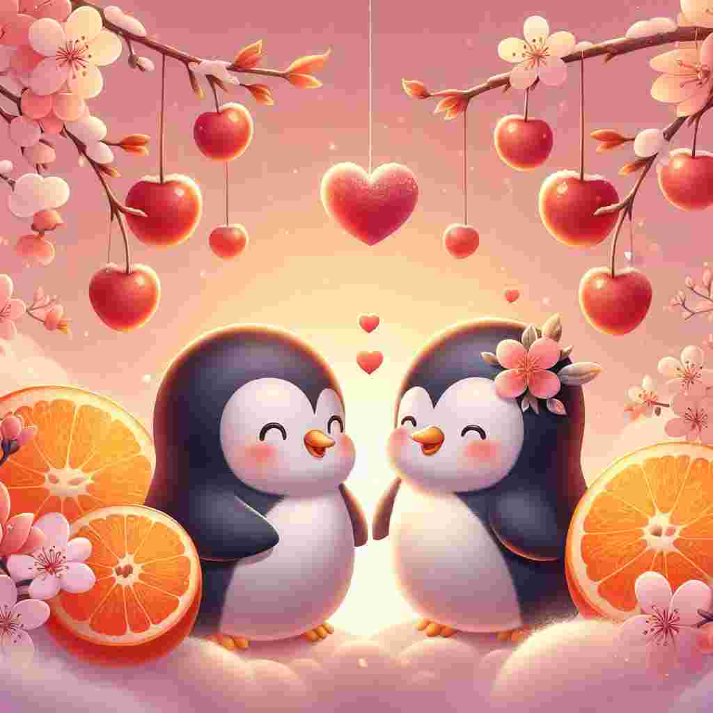 Create an endearing illustration where two penguins are exchanging affectionate, cherub-like smiles. They are surrounded by a backdrop of frosted orange slices that hang from cherry blossom branches. The entire atmosphere is influenced by Valentine's Day vibes, with delicate cherry arrangements formed into heart shapes subtly incorporated in the scene. Additionally, a soft orange radiance illuminates and warms the whole scenario, beautifully conveying feelings of romance and companionship typical of this special day.
Generated with these themes: Penguins, Cherrys, and Orange.
Made with ❤️ by AI.