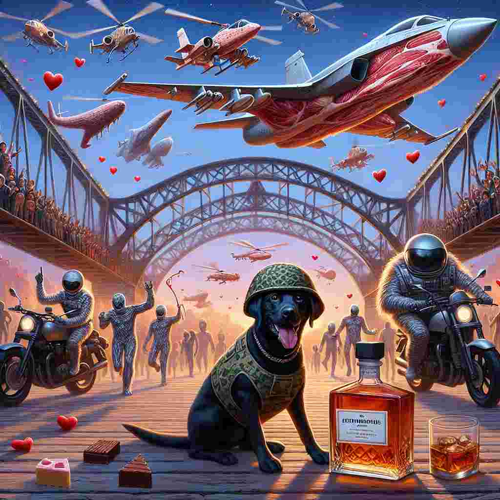Imagine an unusual Valentine's Day celebration situated around the distinct arc of a significant bridge. A cheerful black Labrador, dressed in patterned army gear, is stationed next to a bottle of luxurious whiskey. Above the bridge, a fighter jet styled from various cuts of meats soars among a colony of fun-loving helicopters, their blades whirring like cosmic windmills. Extraterrestrial beings, mounted on swift motorcycles, zoom past, their laughter blending with the hum of engines. They generously distribute heart-shaped pieces of fudge to onlookers. The steel construct of the bridge glistens under a united glow of celestial light and love, creating a remarkable scene of romance, adventure, and merriment.
Generated with these themes: Black Labrador , Tyne bridge, Star Wars , Whiskey, Steak, Aliens, Motorbike, Fudge, Helicopter , and Camouflage clothes.
Made with ❤️ by AI.
