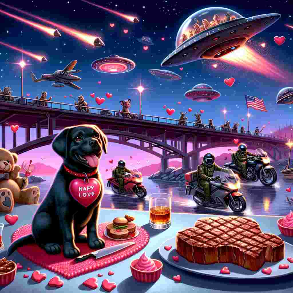Imagine a playful Valentine's Day scene, where a happy black Labrador, wearing a heart-shaped collar, is sitting proudly on a bridge that has been transformed into a launchpad for a sci-fi romance theme. The night sky sparkles with stars, while various spaceships sweep through, skillfully avoiding endearing aliens on motorbikes equipped with helmets that bear romantic rebel-inspired camouflage patterns. Underneath the bridge, a river of liquid whiskey flows, its scent wafting upwards to tantalize the senses. Nearby, there are juicy steaks being grilled, each fashioned into a unique UFO shape. Amid the bustling activity, a helicopter lovingly drops heart-shaped fudge candies, showering the festive scene below with sweet treats.
Generated with these themes: Black Labrador , Tyne bridge, Star Wars , Whiskey, Steak, Aliens, Motorbike, Fudge, Helicopter , and Camouflage clothes.
Made with ❤️ by AI.
