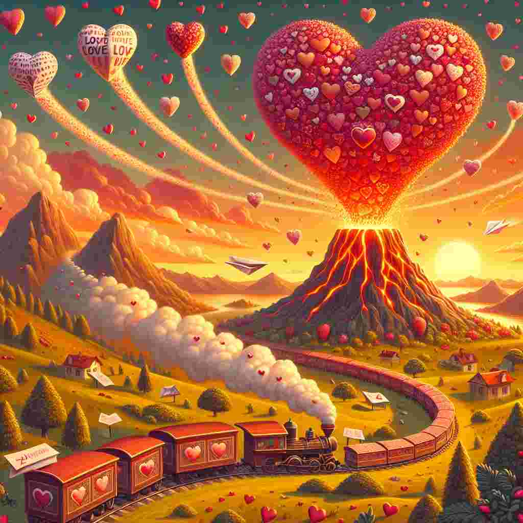 Create a Valentine's Day-themed illustration showcasing a fantastical landscape. In this scenario, a whimsical train decorated with heart patterns meanders around a heart-shaped volcano at the center. The volcano is unusual and friendly, erupting not with scorching lava, but with heart-shaped confetti that symbolizes love and joy. The entire scene is immersed in the warm, golden tones of a setting sun, lending a romantic aura to the idyllic surrounding countryside. High above, a trail of paper planes, each inscribed with Valentine's Day messages, soars in the colorful sky, adding a whimsical, festive element to the scene.
Generated with these themes: Trains, and Volcanos.
Made with ❤️ by AI.