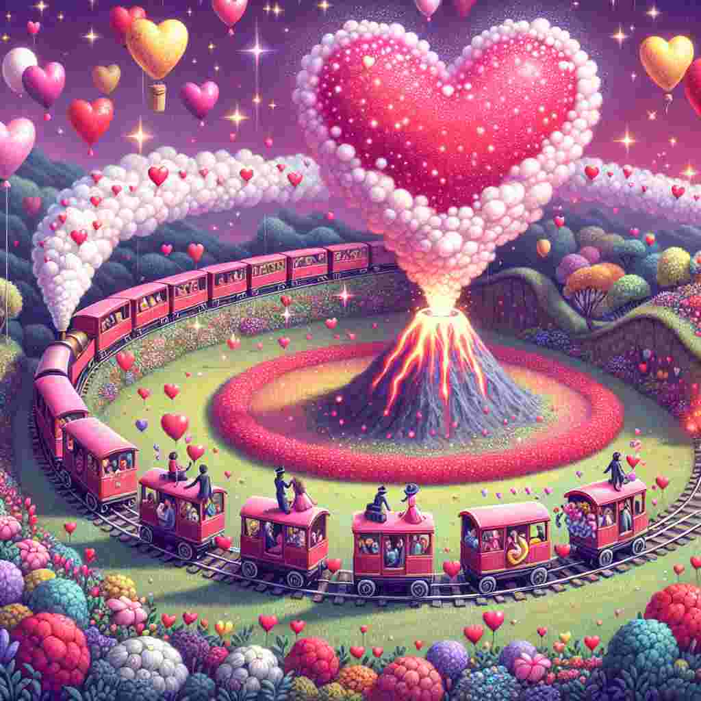 Imagine an illustration set during the Valentine's Day holiday. The main focus is a miniature train moving along a track that surrounds a peaceful heart-shaped volcano. The volcano produces small, cloud-like puffs in the form of love hearts that ascend into a sky which seems to blush, filled with bright balloons and glittering stars. The wagons of the train are filled with happy couples of diverse descents and genders, all holding hands and smiling. The vibrant landscape that encircles them is dotted with red and pink flowers, symbolizing love and affection.
Generated with these themes: Trains, and Volcanos.
Made with ❤️ by AI.
