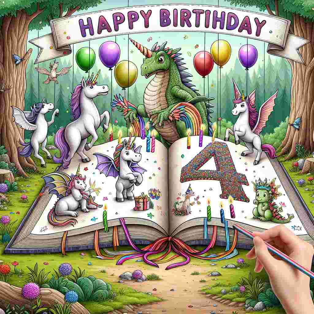 A whimsical illustration set in a magical forest clearing, where fairy-tale creatures like unicorns and dragons are throwing a birthday party. They are all focused on a giant, open storybook that says 'Happy Birthday' across its pages, with colorful illustrations of the number '4' and balloons lifting the corners of the book.
Generated with these themes:   for 4 year olds.
Made with ❤️ by AI.