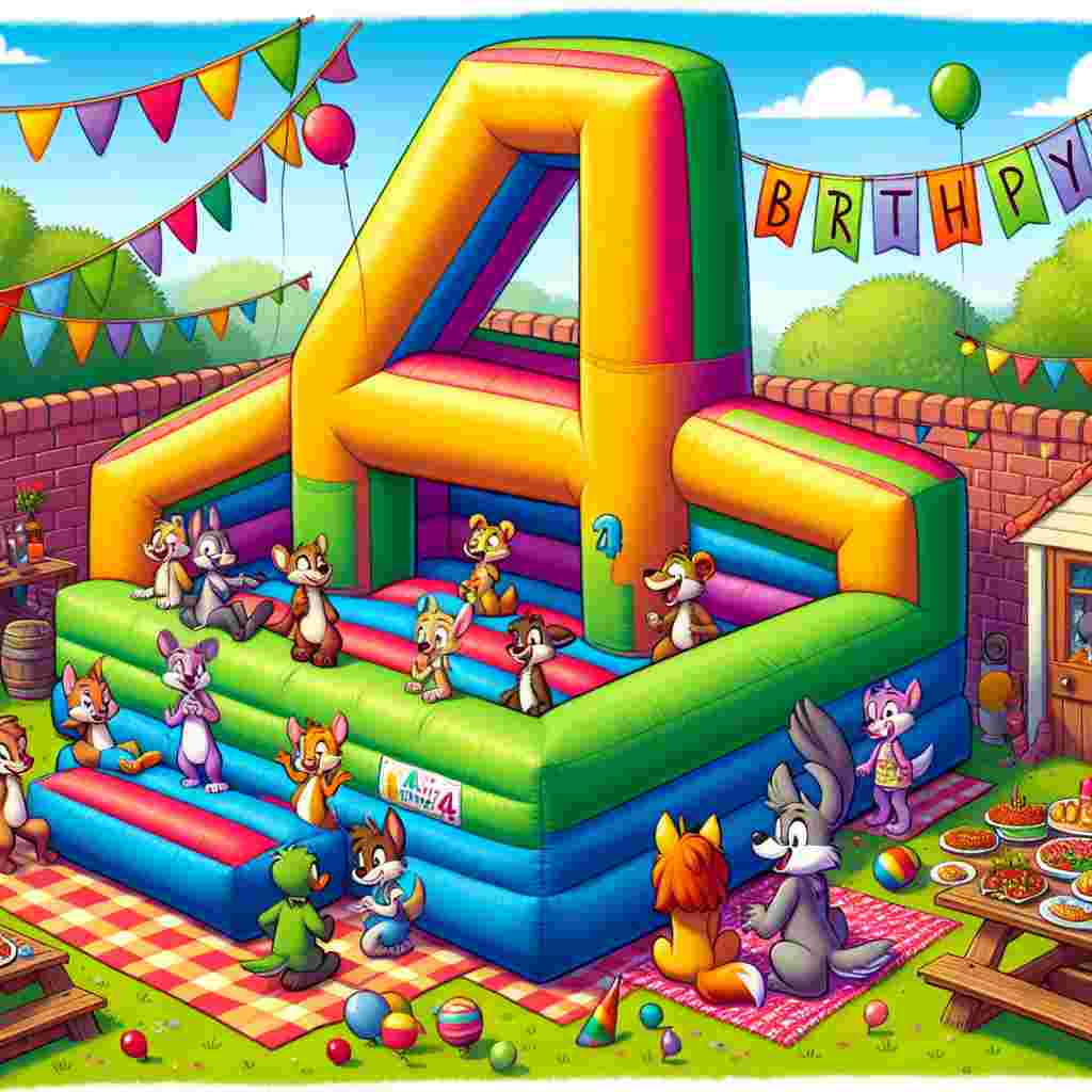 A cartoon-style backyard party setting where anthropomorphic animals are playing party games. A bouncy castle in the shape of the number '4' takes center stage, with a banner above it that cheerfully proclaims 'Happy Birthday'. The animals are seen laughing and playing, with a picnic spread out on a blanket nearby.
Generated with these themes:   for 4 year olds.
Made with ❤️ by AI.
