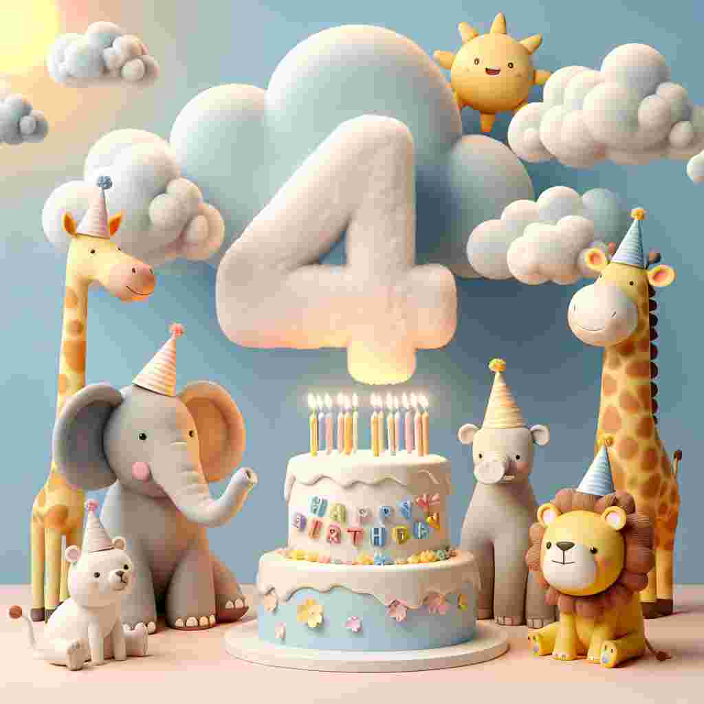 A playful scene dominated by pastel colors featuring a group of cartoon animals wearing party hats. A giraffe, an elephant, and a lion are gathered around a large '4' shaped cake adorned with candles. In the sky above, fluffy clouds spell out 'Happy Birthday', with a cheerful sun peeking out from behind.
Generated with these themes:   for 4 year olds.
Made with ❤️ by AI.