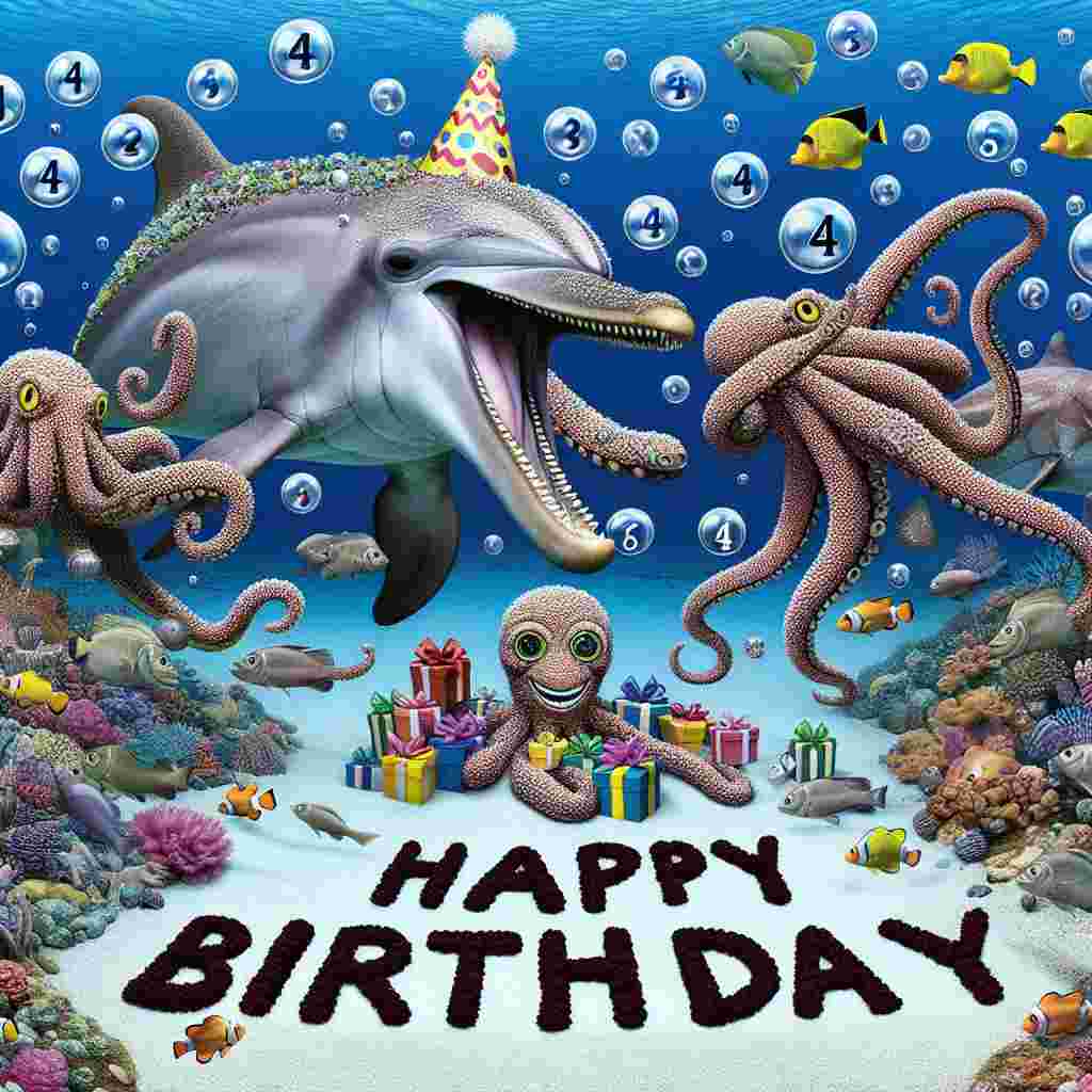 The scene is a lively underwater adventure with smiling sea creatures: a dolphin with a party hat, a friendly octopus holding gifts, and fish blowing bubbles that form the words 'Happy Birthday'. In the center of the ocean floor, there's a vibrant coral formation shaped like the number '4', acting as the centerpiece for the celebration.
Generated with these themes:   for 4 year olds.
Made with ❤️ by AI.
