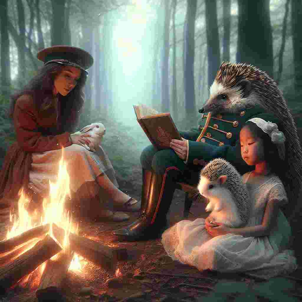 Generate a tranquil image of a woodland with an unusual scene playing out. A noble hedgehog, dressed in a soldier's uniform, is engrossed in a book seated by a gently crackling campfire. A Caucasian woman, her medium-length brown hair flowing, sits nearby, pensively observing the dancing flames. A young Asian girl, radiating innocence, cradles a white bunny, both of them soaking in the warmth of the fire. The atmosphere, though absent of a paternal figure, permeates values typically associated with Father's Day like guidance, protection, and love.
Generated with these themes: Hedge hog dresssed as soldier reading, Lady with brown medium length hair, Young girl holding a white rabbit, and Sat around a fire.
Made with ❤️ by AI.