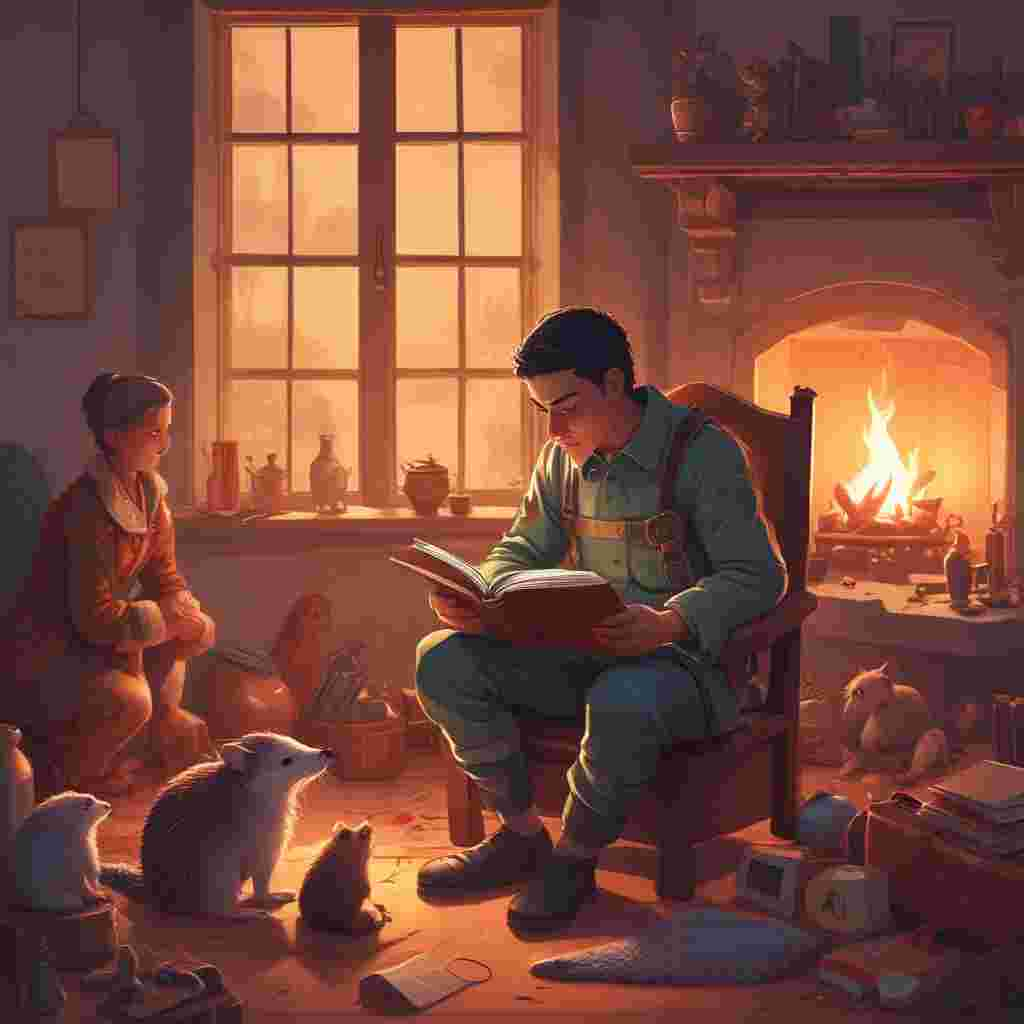 Illustration Solemn, Create an atmospheric illustration capturing a Father's Day scene with a focus on the surrounding characters and their activities. A hedgehog, dressed as a soldier, occupies a central position, seated and absorbed in reading by the glow of a fireside. A fair distance away, a middle-aged South Asian woman with a soft expression and medium-length dark hair gazes into the fire, possibly lost in thoughts or memories. Nearby, a young Hispanic girl, a picture of gentleness and youth, cradles a pure white rabbit in her arms, the flickering firelight sparkles in their eyes. The scene emanates a contemplative mood, reflective of paternal care and wisdom.
Generated with these themes: Hedge hog dresssed as soldier reading, Lady with brown medium length hair, Young girl holding a white rabbit, and Sat around a fire.
Made with ❤️ by AI.