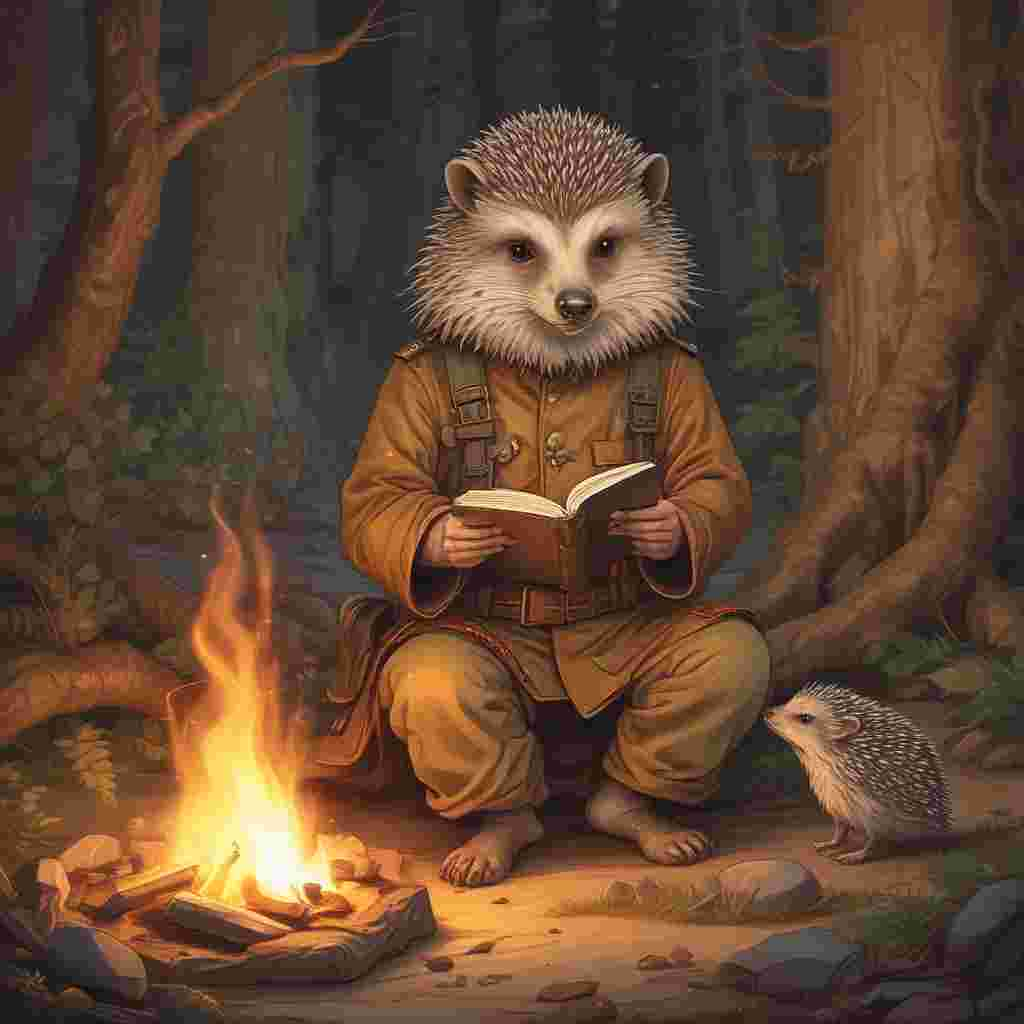 Illustration Solemn, Generate a tranquil image of a woodland with an unusual scene playing out. A noble hedgehog, dressed in a soldier's uniform, is engrossed in a book seated by a gently crackling campfire. A Caucasian woman, her medium-length brown hair flowing, sits nearby, pensively observing the dancing flames. A young Asian girl, radiating innocence, cradles a white bunny, both of them soaking in the warmth of the fire. The atmosphere, though absent of a paternal figure, permeates values typically associated with Father's Day like guidance, protection, and love.
Generated with these themes: Hedge hog dresssed as soldier reading, Lady with brown medium length hair, Young girl holding a white rabbit, and Sat around a fire.
Made with ❤️ by AI.