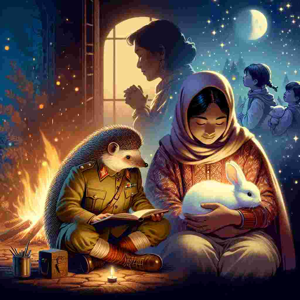 Create an atmospheric illustration capturing a Father's Day scene with a focus on the surrounding characters and their activities. A hedgehog, dressed as a soldier, occupies a central position, seated and absorbed in reading by the glow of a fireside. A fair distance away, a middle-aged South Asian woman with a soft expression and medium-length dark hair gazes into the fire, possibly lost in thoughts or memories. Nearby, a young Hispanic girl, a picture of gentleness and youth, cradles a pure white rabbit in her arms, the flickering firelight sparkles in their eyes. The scene emanates a contemplative mood, reflective of paternal care and wisdom.
Generated with these themes: Hedge hog dresssed as soldier reading, Lady with brown medium length hair, Young girl holding a white rabbit, and Sat around a fire.
Made with ❤️ by AI.