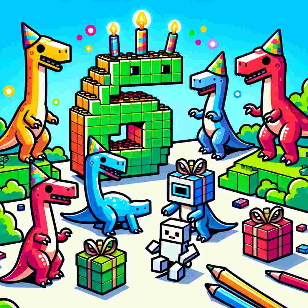 Create an animated, lively scene set during the Jurassic era. Picture several cartoon dinosaurs, of vibrant and varied colours, playfully interacting with generic interlocking building blocks. In the center of the scene, a bold number '6' is constructed out of these colourful blocks. Surrounding this prehistoric party, add a few square-shaped, pixelated characters that are generic but reminiscent of a popular block-based computer game. These characters are partaking in the celebration, adorned with pixelated birthday hats and carrying gifts.
Generated with these themes: Jurassic world, Lego, 6, and Minecraft.
Made with ❤️ by AI.