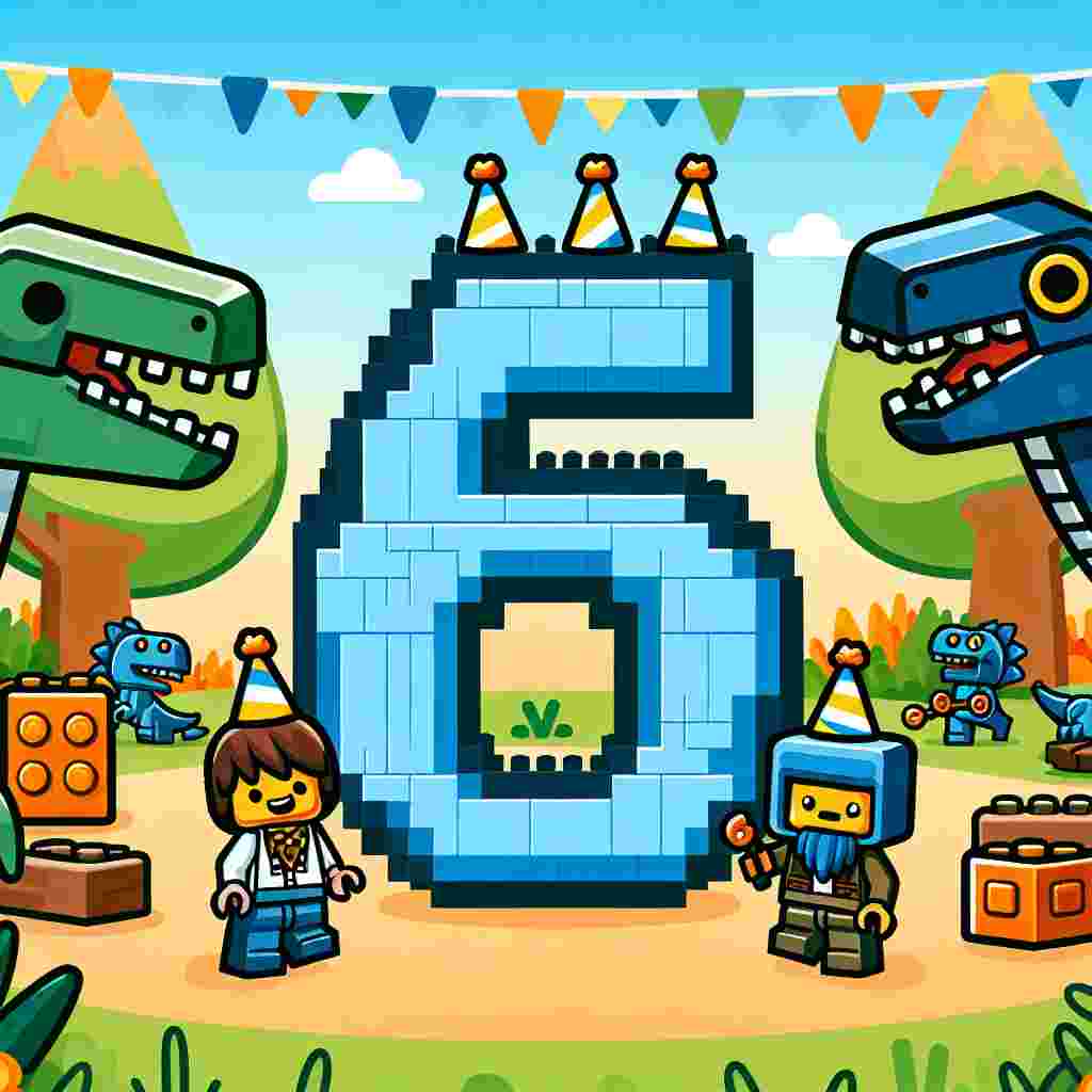 Design a cute invitation for a 6th birthday celebration. The background should feature a playful, adventurous, cartoon-styled park with Lego dinosaur figures roaming freely. In the foreground, a number '6' made out of Lego bricks should take the center stage, surrounded by two recognizable characters from a popular block-based video game. Both figures should be adorned with festive party hats. Make sure the overall setting is festive and ideal for a child's birthday party.
Generated with these themes: Jurassic world, Lego, 6, and Minecraft.
Made with ❤️ by AI.