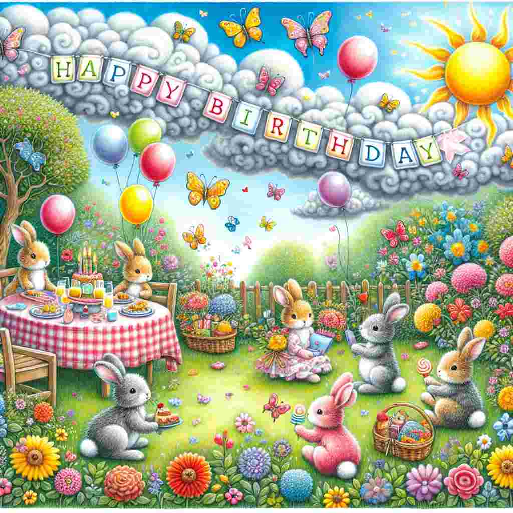 A colorful outdoor garden scene where munchkin bunnies are having a birthday picnic, surrounded by flowers and butterflies. In the sky above, clouds spell out 'Munchkin Birthday Cards', while a sunny banner on the top right corner exclaims 'Happy Birthday' amidst a flight of balloons.
Generated with these themes: Munchkin Birthday Cards.
Made with ❤️ by AI.
