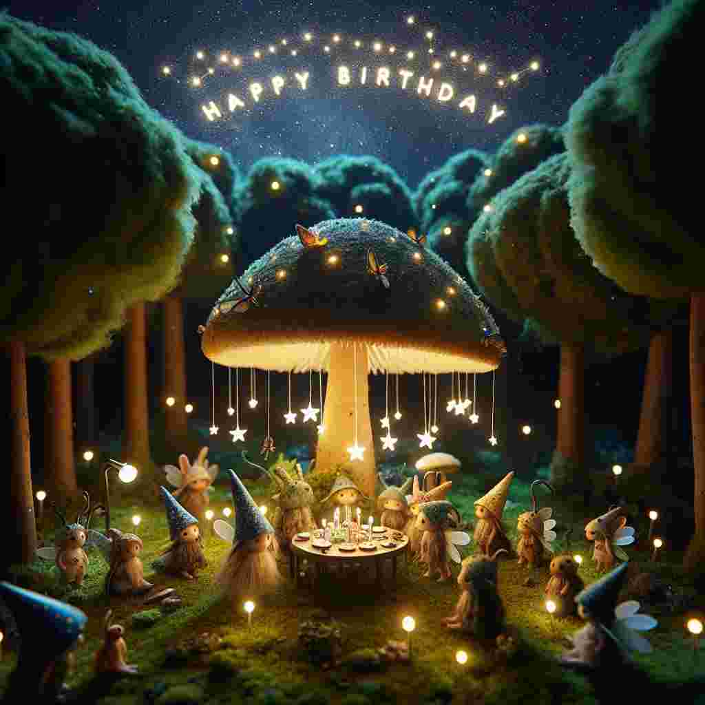 A nighttime illustration of a magical woodland clearing, with fairy-like munchkin creatures gathered around a glowing mushroom. The mushroom cap serves as a table for tiny birthday cards labeled 'Munchkin Birthday Cards'. Fireflies create a dazzling effect in the surrounding area and a constellation in the shape of the words 'Happy Birthday' twinkles in the sky.
Generated with these themes: Munchkin Birthday Cards.
Made with ❤️ by AI.