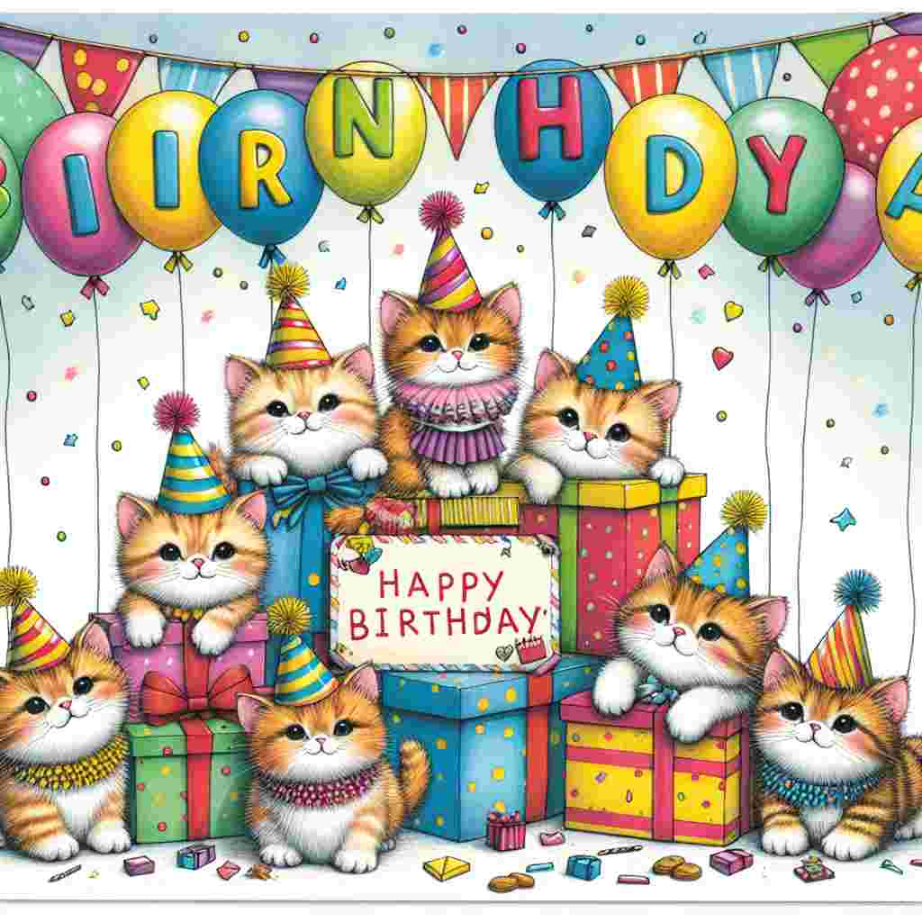 A whimsical scene featuring a group of munchkin kittens wearing party hats, perched atop a pile of colorful, gift-wrapped boxes. In the background, balloons float in the air with 'Munchkin Birthday Cards' playfully inscribed on them. The forefront of the illustration showcases a banner with the text 'Happy Birthday' in cheerful, bubbly lettering.
Generated with these themes: Munchkin Birthday Cards.
Made with ❤️ by AI.