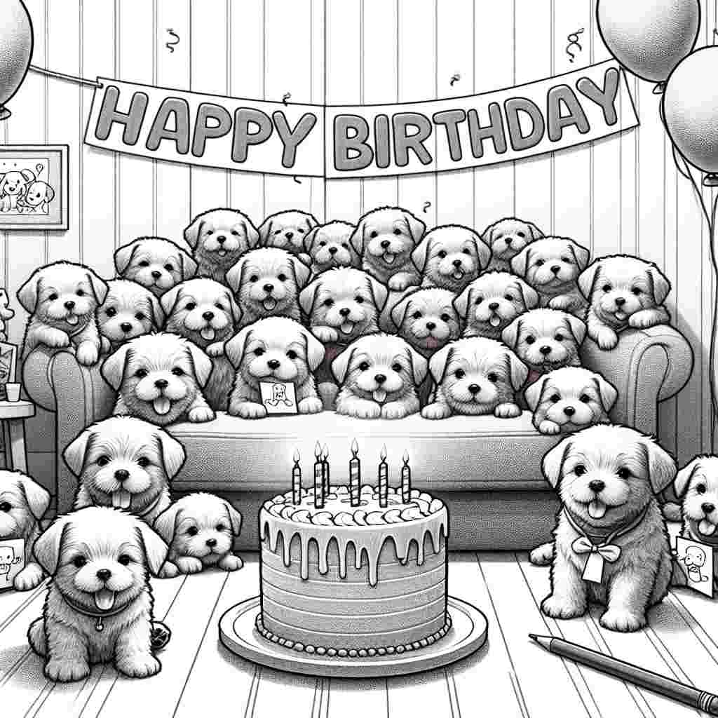 An illustration of a cozy room filled with munchkin puppies, each holding a tiny birthday card between their paws. Festive streamers hang from the ceiling, and a large birthday cake sits on a table, with 'Munchkin Birthday Cards' iced along the edge. The wall behind is adorned with a sign displaying the phrase 'Happy Birthday' in bold, cursive script.
Generated with these themes: Munchkin Birthday Cards.
Made with ❤️ by AI.