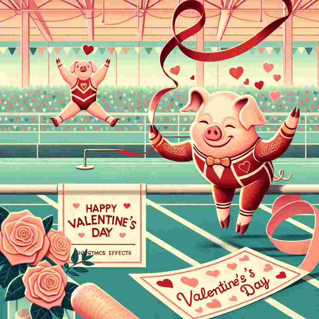 Imagine a pleasingly soft-colored gymnasium, where two adorable pigs are enjoying a sporty Valentine's Day celebration. One of them is humorously performing a gymnastics routine with a ribbon, creating heart effects mid-air, while the other pig, dressed in a tight-fitting gymnast attire, watches with evident approval. The backdrop includes a festive hearts pattern and a banner proudly saying 'Happy Valentine's Day', and a scattering of roses adorns the gymnastics pads, adding a bit of romantic atmosphere.
Generated with these themes: Pigs, and Gymnastics.
Made with ❤️ by AI.