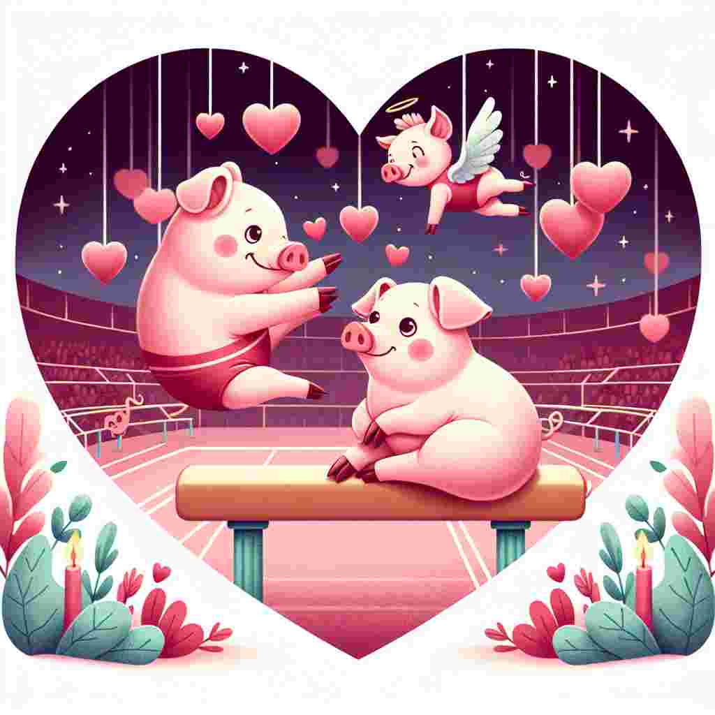 Create a whimsical Valentine's Day illustration featuring two adorable pigs in an intimate setting, showing their affection for each other. These pig characters are positioned inside a gymnasium shaped like a heart, with one of the pigs beautifully executing a gymnastics pose on a balance beam. The other pig, in a loving act of support, spots their partner to ensure their safety while performing. The gymnasium is beautifully adorned with decorations fitting for Valentine's Day, including hearts in shades of pink and red. To further enhance the Valentine's theme, a cupid pig is depicted flying overhead, adding a charming touch to the hearty scene.
Generated with these themes: Pigs, and Gymnastics.
Made with ❤️ by AI.