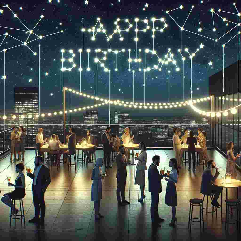 The illustration portrays a serene nighttime rooftop celebration, with string lights casting a warm glow over adults in casual chic attire chatting and toasting. In the sky, constellations subtly form the words 'Happy Birthday', blending the greeting into the starlit scene.
Generated with these themes:   for adults.
Made with ❤️ by AI.