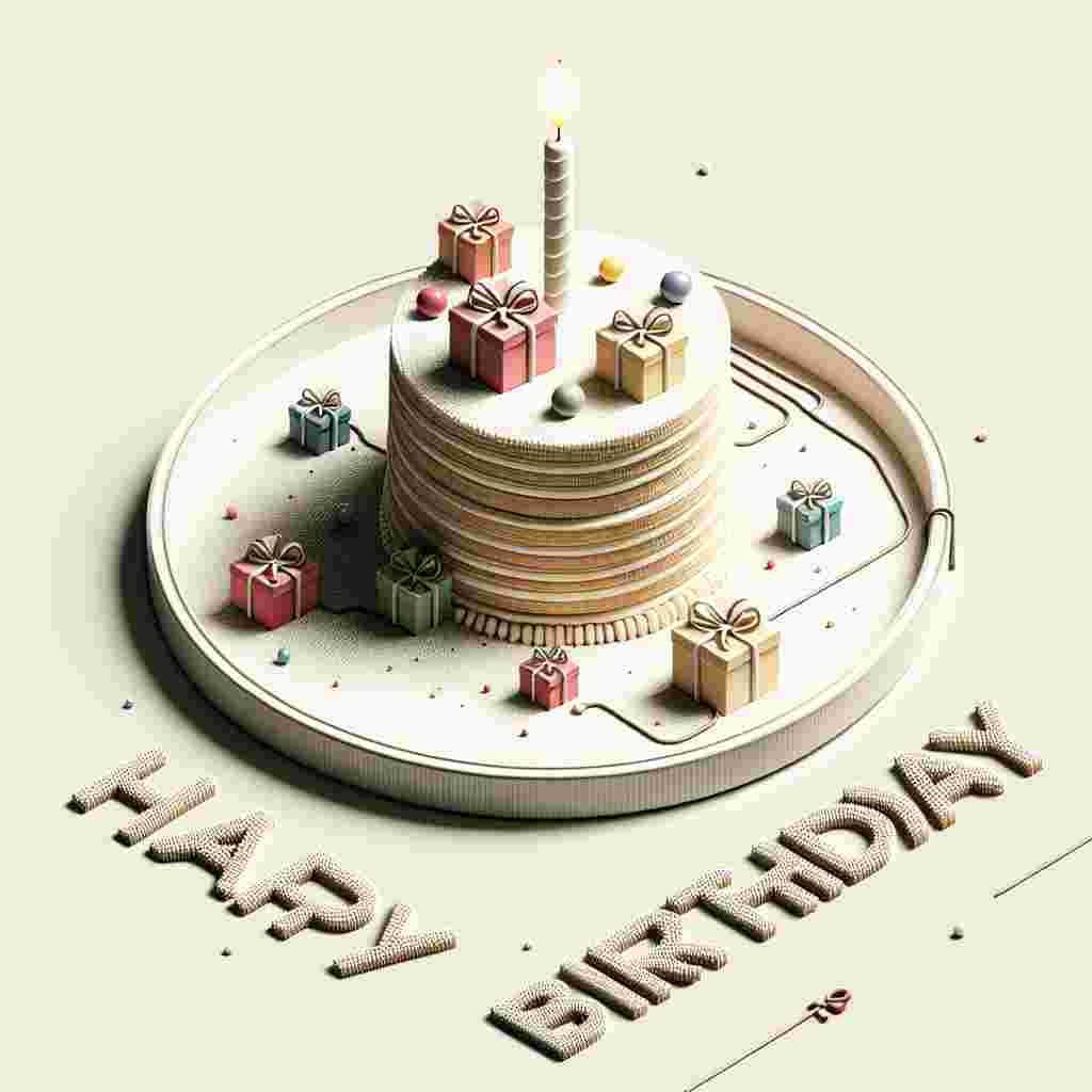 A minimalistic but cute scene featuring a single slice of layered cake topped with a single candle and surrounded by small, colorful gift boxes. The 'Happy Birthday' text is tastefully integrated into the design, appearing to be written with icing on the cake plate.
Generated with these themes:   for adults.
Made with ❤️ by AI.