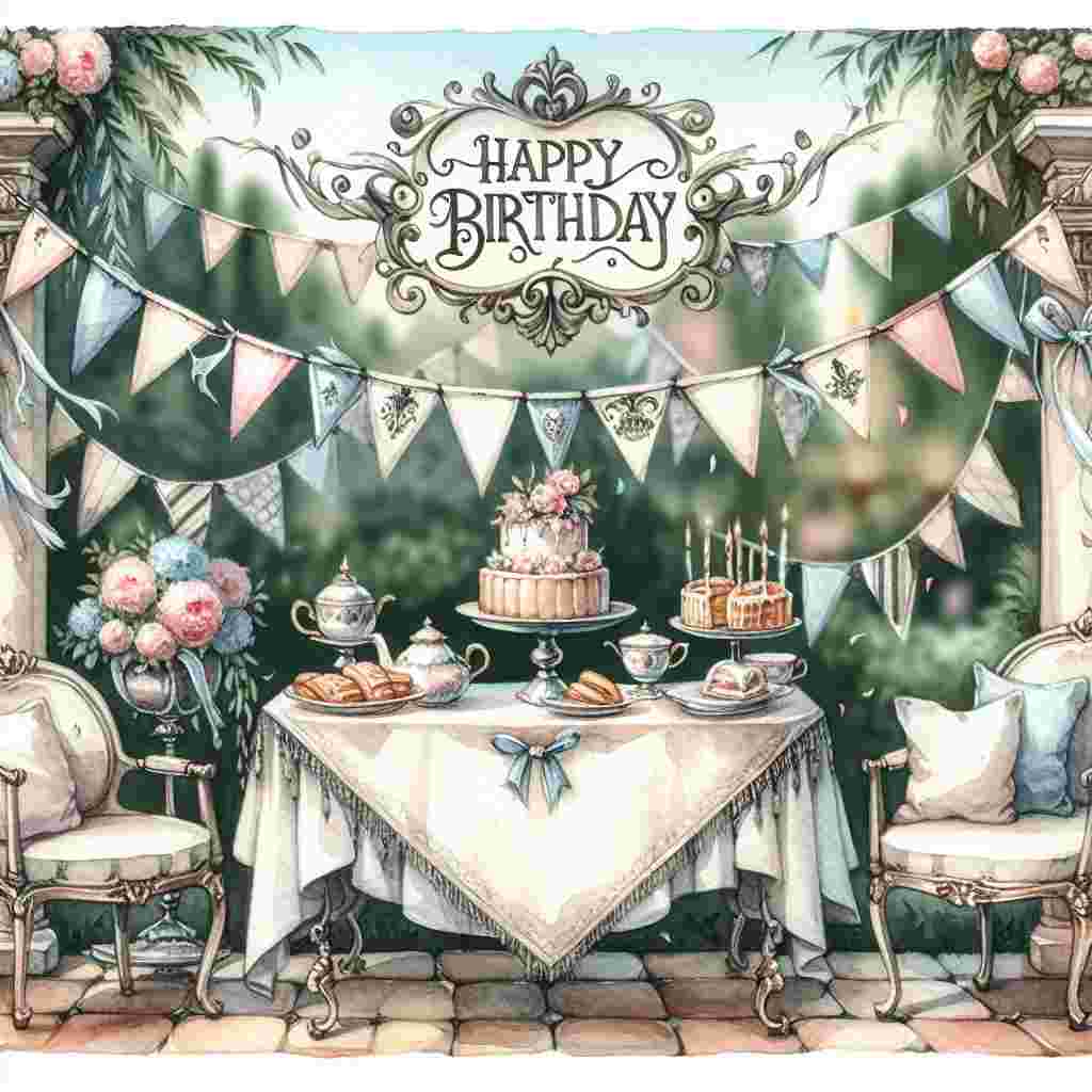 A sophisticated yet whimsical watercolor scene depicting a quaint outdoor birthday party setting for adults. Elegant bunting flutters slightly in the breeze, strung above a table laden with delicate pastries and a vintage teapot. 'Happy Birthday' is scripted in ornate lettering above the scene.
Generated with these themes:   for adults.
Made with ❤️ by AI.