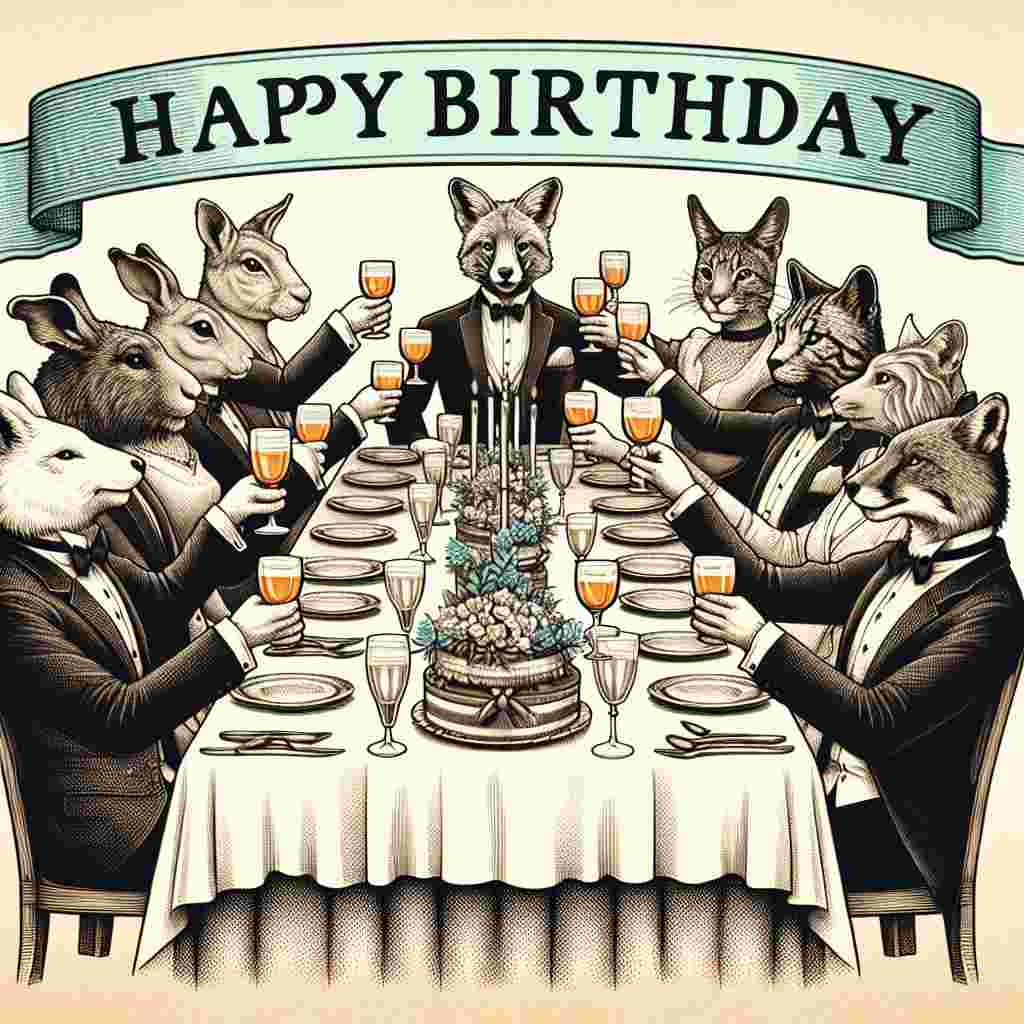 An illustration showing a group of well-dressed animals around a long dinner table, raising a toast to commemorate an adult's birthday. The animals are anthropomorphized, wearing suits and dresses, and the 'Happy Birthday' message is incorporated into a banner that wraps around the festive scene like a ribbon.
Generated with these themes:   for adults.
Made with ❤️ by AI.