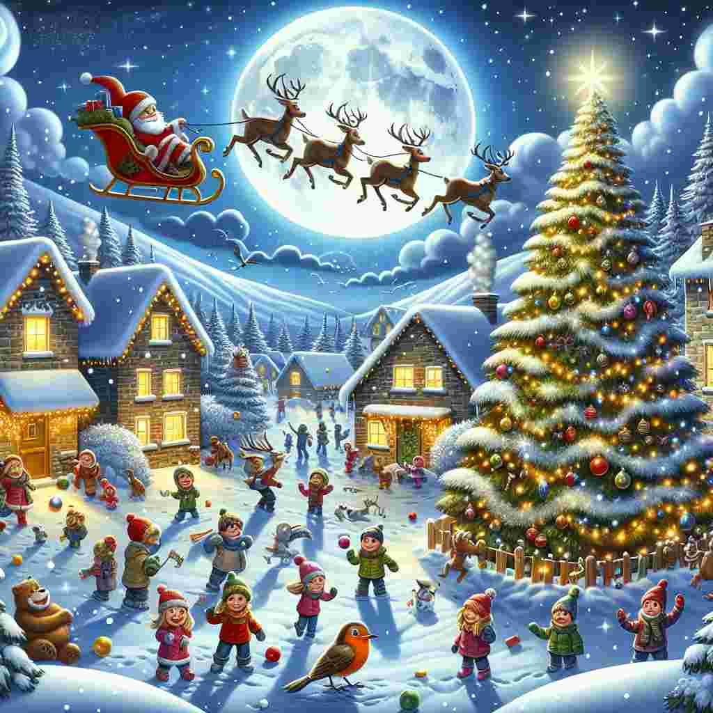 Depict a cartoon-style illustration of a lively village on New Year's eve. The scene is bathed under the moon's radiant light, illuminating the shimmery snow blanket covering the landscape. In the center of the village, a large, plump Christmas tree stands, shining with lights and ornaments. The scene comes to life with a cartoon-stylized red-breasted robin and a majestic stag, adding a wildlife touch to the festive display. Flying high in the sky, Santa's sleigh, filled to the brim with presents and guided by his faithful reindeer, is a sight to behold. Below, children of different genders and descents, wearing winter clothes, partake in snowball fights and eagerly wait for Santa's arrival. Their laughter can almost be heard, mingling with the fresh winter air, truly reflecting the season's joy.
Generated with these themes: Christmas tree, Snow, Robin, Stag, Moon, Sleigh, Children, and Santa.
Made with ❤️ by AI.