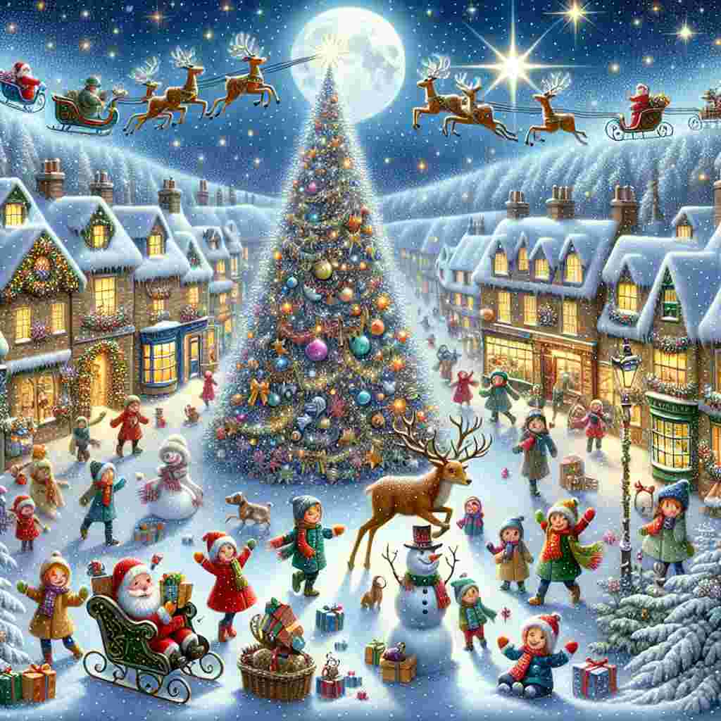 Imagine a whimsical New Year's scene illustrated in a charming cartoon style. Visualize a quaint town blanketed under gently falling, fluffy snowflakes. The centerpiece is a grand Christmas tree, ornately decorated and shimmering with numerous lights, stars, and baubles. A cheerful robin perches on a frosty branch and a majestic stag, adorned with twinkling fairy lights, enhances the mesmerizing ambiance. Overhead, a silvery moon oversees the merriment, its soft radiance illuminating a flying sleigh that races across the star-studded sky. Below, children of various genders and descents, cloaked in vibrant scarves and hats, revel joyously in the snow, constructing a snowman, and engaging in playful chases. An individual symbolizing Santa, radiating warmth with a hearty laugh, is seen distributing gifts from his brimming sack.
Generated with these themes: Christmas tree, Snow, Robin, Stag, Moon, Sleigh, Children, and Santa.
Made with ❤️ by AI.