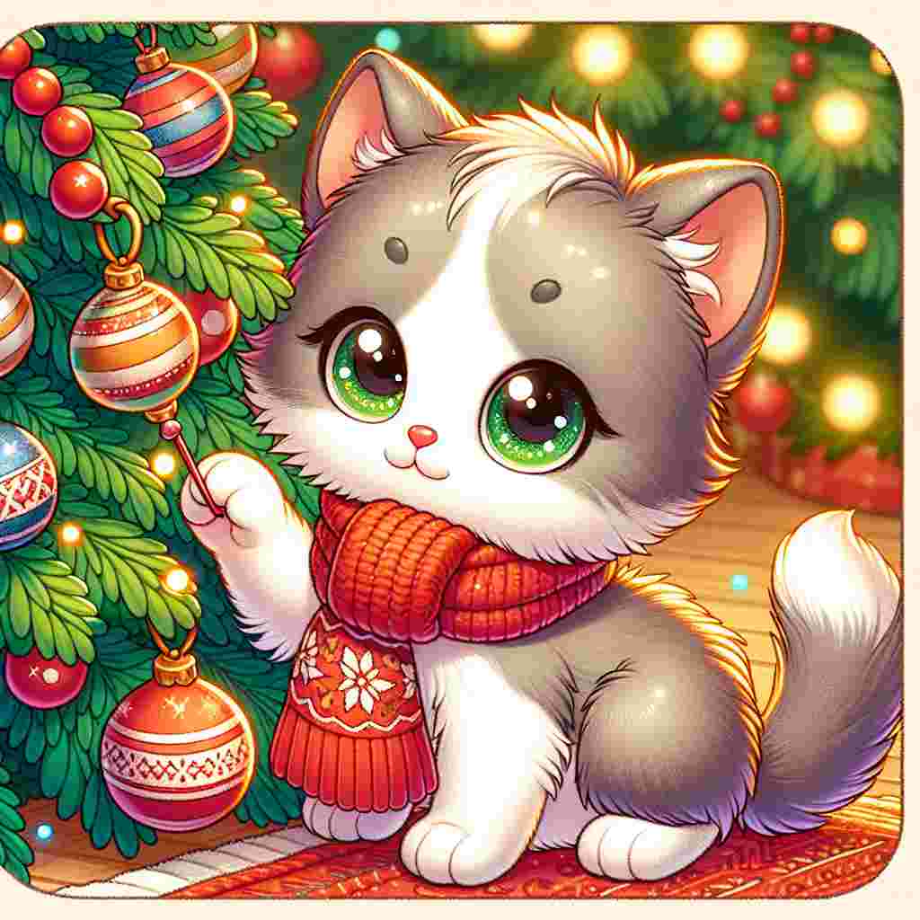Craft an image capturing an adorable scene of a warm and cozy cartoon Christmas. The main subject is a playful domestic shorthair kitten, possessing a fluffy white and grey coat and sparkling green eyes that reflect the warm glow of Christmas lights. The kitten, wearing a cheerful red scarf, is situated near a beautifully decorated Christmas tree, playfully batting at the trinkets hanging from the lower limbs. Create this image with a playful and soothing ambience, highlighting the festive spirit of the scene.
.
Made with ❤️ by AI.