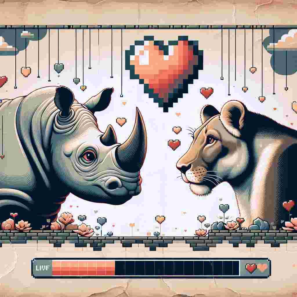 Create a whimsical Valentine's Day canvas showing a cartoon rhino and lioness gazing into each other's eyes, conveying their admiration. They are set against an abstract background composed of muted artistic shapes. Add elements of a video game, such as floating pixelated hearts and a life-bar filled to its maximum, representing their full hearts in this context of love. The whole scene should radiate an unusual yet tender allure, prompting the viewer to contemplate the improbable love story unfolding during this celebration of affection.
Generated with these themes: Rhino, Lioness, and Computer game.
Made with ❤️ by AI.