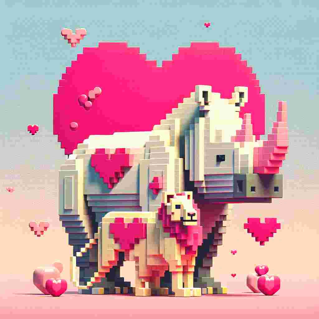 Abstract Valentine's Day scene featuring a whimsical rhino adorned with small heart-shaped patches in a vibrant pink color, standing tenderly next to an elegant lioness possessing a fur subtly patterned with pixelated hearts, reminiscent of classic computer games. The background is formed by pastel colors, contributing to a dreamy atmosphere. The scene is scattered with playful representations of 8-bit video game elements, beautifully intermingling the theme of love with a touch of nostalgic retro gaming.
Generated with these themes: Rhino, Lioness, and Computer game.
Made with ❤️ by AI.