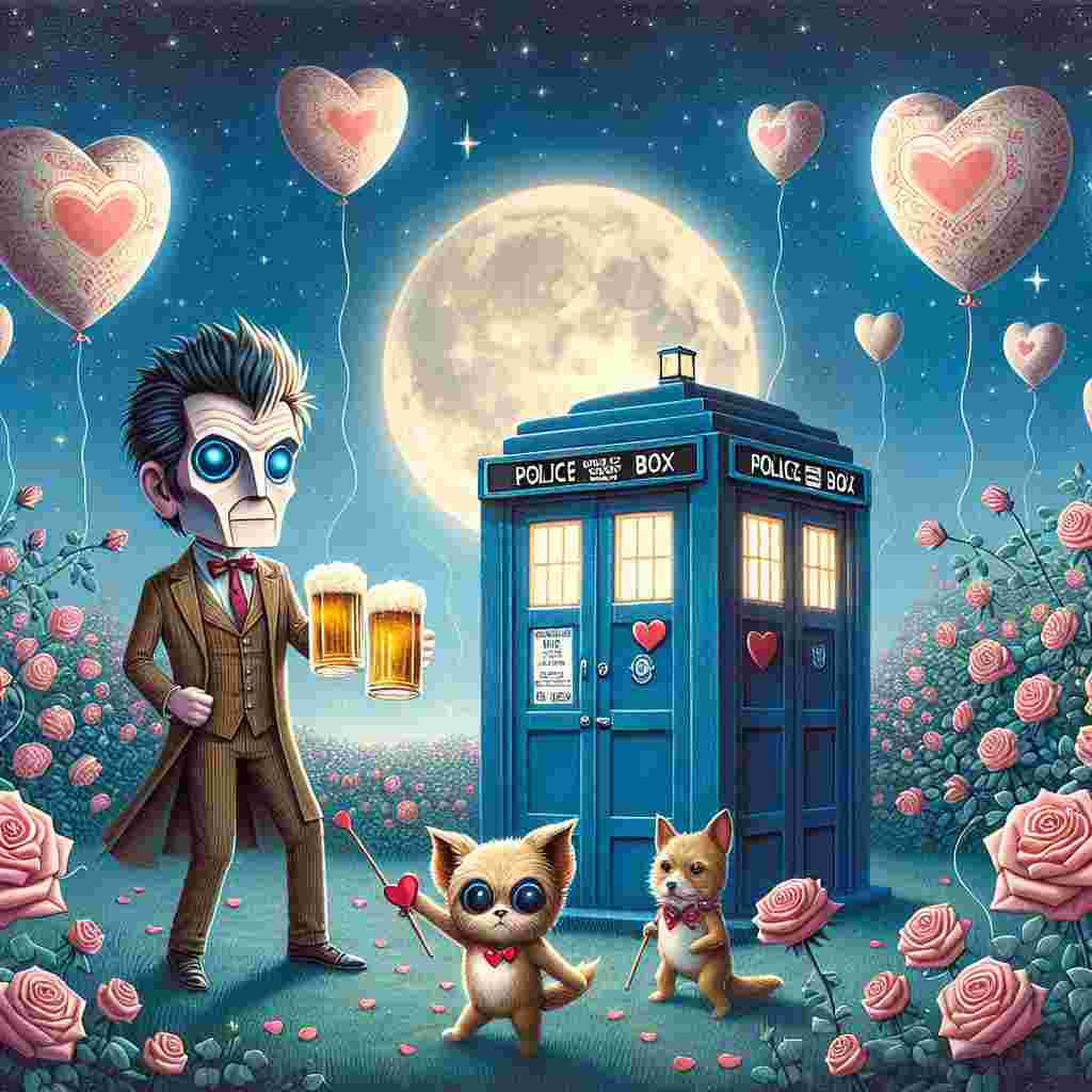 Under a vast, starry sky, an old-fashioned British police box sits in a field of blooming roses, its door slightly open, revealing a Valentine's Day party. In the foreground, a cartoonish figure with distinctive style of a heroic figure cheers with a pint of beer, alongside a cute, animated small dog wearing a heart-shaped tag. Surrounding them are floating balloons resembling the police box, each with a sweet message of love. In the backdrop, delicate patterns subtly form heart shapes, blending the spirit of Valentine's with the iconic elements of the scene.
Generated with these themes: Beer, Pompey, Dr who.
Made with ❤️ by AI.