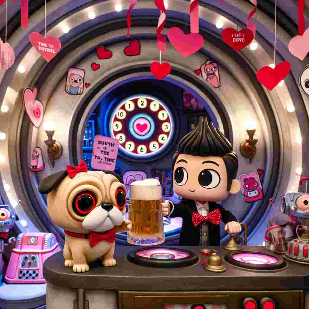 A charming scene set in a cozy interior of a mysterious time machine decorated with hearts and cute Valentine's adornments. In the center, a cartoon character, fashionable and smart, holds a frothy beer mug, clinking glasses with a cartoon pug, named Pompom, who wears a tiny bow tie. The walls of the time machine are adorned with Valentine's cards shaped like quirky robots, and the console is draped with pink and red streamers, creating a festive and whimsical atmosphere.
Generated with these themes: Beer, Pompey, Dr who.
Made with ❤️ by AI.
