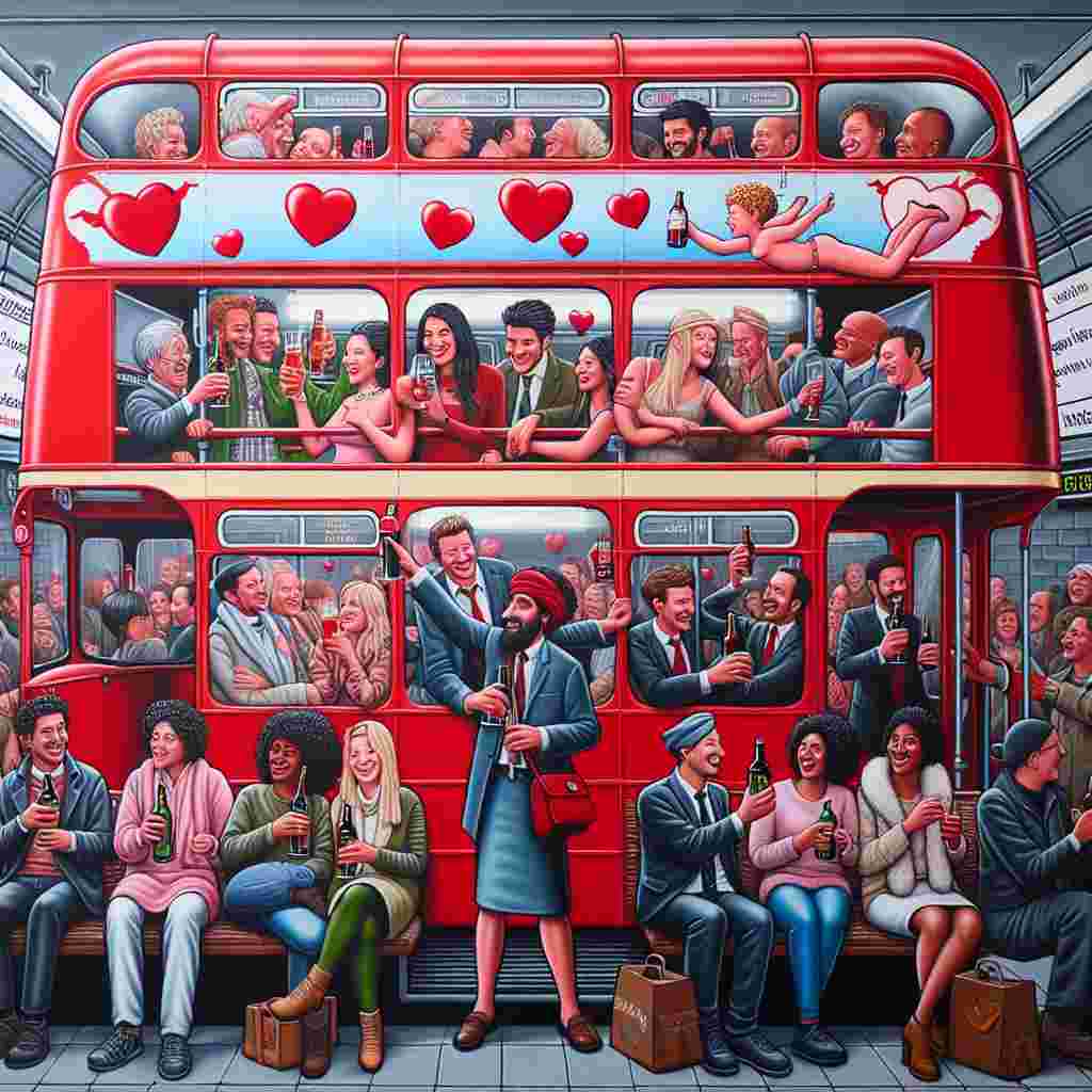 Imagine a cheerful Valentine's day scene located in the bustling city of London. Picture the iconic red buses, now adorned with playful cupid decals that give them a festive feel. On the upper decks, diverse groups of people are seen toasting with local ciders and wines, their laughter echoing around them. Meanwhile, in the Underground, the atmosphere is brimming with social energy. South Asian men and Middle-Eastern women, Black and Caucasian individuals alike, all engage in lively chatter, their conversations about romantic mishaps and impromptu poetry readings blending with the mechanical hum of the trains. All of this occurs amid the endearing chaos of England's capital.
Generated with these themes: London underground trains buses cider wine socialising.
Made with ❤️ by AI.