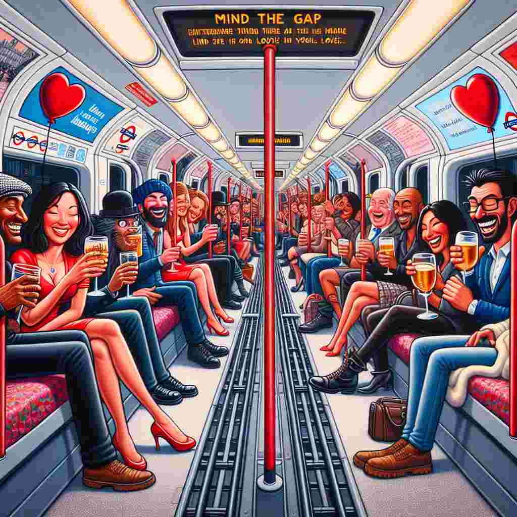 A bustling Valentine's Day scenario on the London Underground, painted with a comical lens. The train cars are entertainingly themed around love and laughter, creating a jovial atmosphere. A diversity of couples and friends are engaged in lively socialising; a South Asian woman and Hispanic man clink glasses of cider, while a Black man and Caucasian woman share a hearty laugh. Middle-Eastern friends join in this communal scene, sharing their own jokes. The trains and public buses glide them towards their respective romantic locations, filled with heart-shaped balloons bobbing in harmony with the carriage's rhythm. Announcements such as 'Mind the Gap' unexpectedly set up punchlines for love-struck comedic moments.
Generated with these themes: London underground trains buses cider wine socialising.
Made with ❤️ by AI.