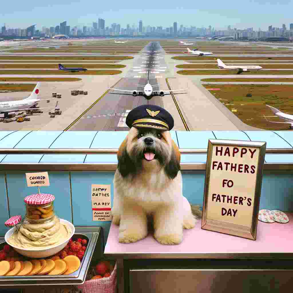 An observation deck of a peaceful airport offers a panoramic view of runways where airplanes showcasing sweet messages dedicated to Father's Day ascend into the sky. In this busy setting, a small crowd of travelers of diverse genders and descents can be seen. Comically, a Llasa Apso canine is spotted sporting a tiny pilot's cap, sitting right beside a food cart. This cart presents an array of freshly prepared houmous, spreading an aura of domestic comfort around the place in the midst of all the travels and reunions.
Generated with these themes: Llasa apso, Airport, and Houmous.
Made with ❤️ by AI.