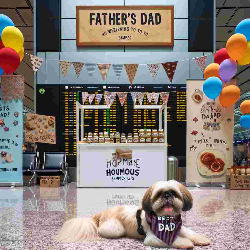 An airport terminal is buzzing with life. The walls are cheerfully adorned with banners commemorating Father's Day, and multi-colored balloons bounce lightly in the air. Occupying a corner of this lively scenario is a small pop-up booth offering homemade houmous samples to passing travelers, an embodiment of the welcoming spirit associated with the occasion. Resting by the booth's side, a Lhasa Apso dons a bandana that proudly proclaims 'Best Dad'. The little dog's tail swings rapidly from side to side in eager anticipation, lending an even deeper touch of heartwarming atmosphere to the scene.
Generated with these themes: Llasa apso, Airport, and Houmous.
Made with ❤️ by AI.