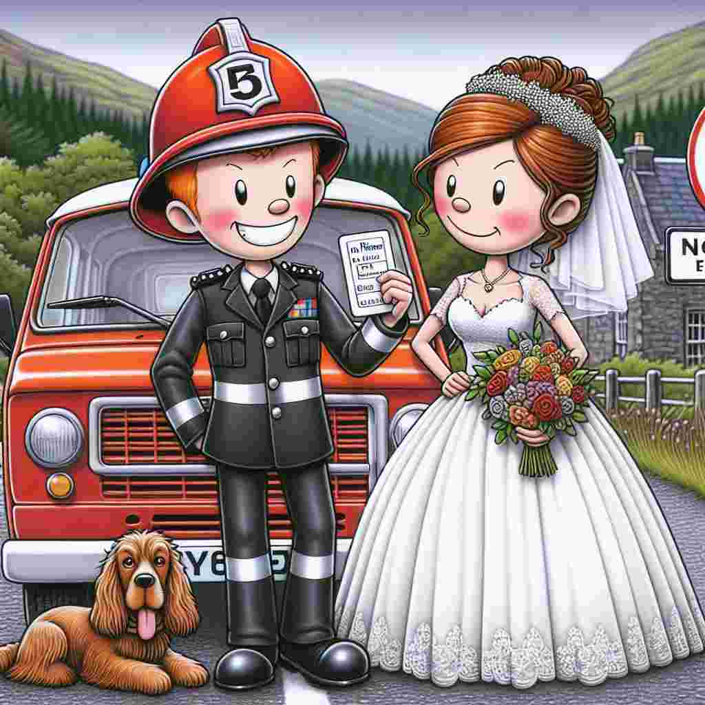 A playful and amusing cartoon wedding scene takes place in the picturesque Scottish highlands. A white firefighter groom of Scottish descent, unmistakable with his brightly colored ginger hair and firefighter's uniform, stands next to a classic red campervan. A faithful cocker spaniel, with its warm brown fur, sits by his feet, adding a sense of comfortable familiarity to the scene. Introducing a humorous twist, his bride, a policewoman also of white Scottish heritage, with her hair neatly tied back in brown, playfully hands her groom a 'No Parking' ticket, subtly affirming her authority even on their special day.
Generated with these themes: White Scottish firefighter groom with ginger hair and a brown cocker spaniel, in a red campervan given a "No Parking" ticket by his white, Scottish female police officer bride with brown hair in the Scottish mountainside.
Made with ❤️ by AI.