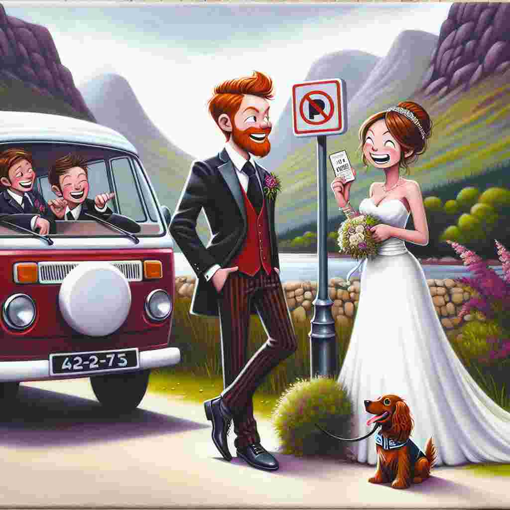 A cartoon-style wedding scene set in the picturesque backdrop of the Scottish mountainside. At the center of the scene, a lanky, ginger-haired, Caucasian male firefighter dressed in formal attire stands next to a charming red campervan. His companion, a gleeful brown cocker spaniel, sits by his side. To echo humor and love, a petite, brown-haired Caucasian female police officer, his bride, is caught in a playful moment of issuing a 'No Parking' ticket. The painting captures their delightful, love-filled banter against the beautiful and rugged Scot landscapes.
Generated with these themes: White Scottish firefighter groom with ginger hair and a brown cocker spaniel, in a red campervan given a "No Parking" ticket by his white, Scottish female police officer bride with brown hair in the Scottish mountainside.
Made with ❤️ by AI.
