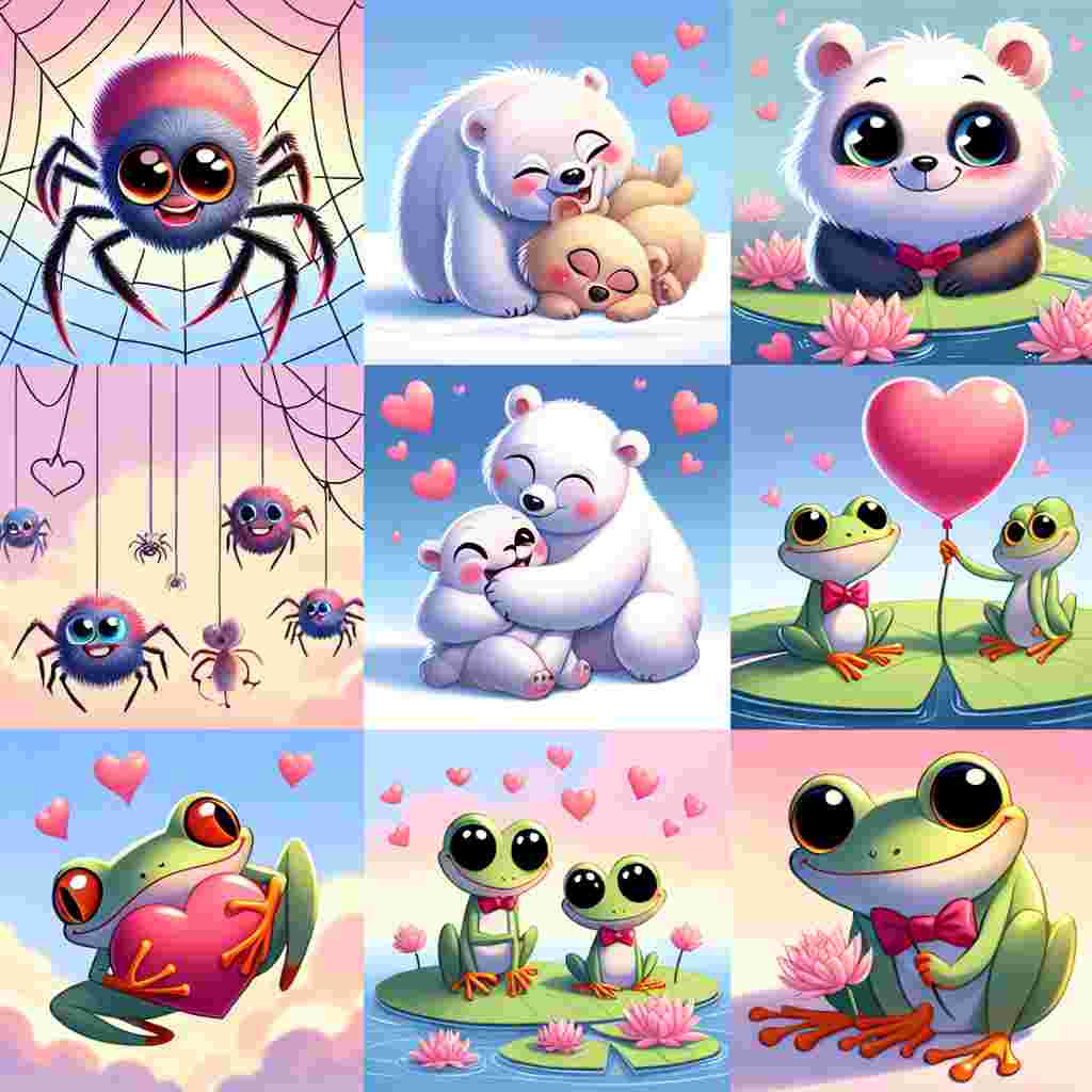 Create an endearing Valentine's Day cartoon where we see adorable spiders with unnaturally large eyes swinging from threads that are shaped like hearts. Underneath a soft pastel-colored sky, there are polar bears blushing with rosy cheeks, embracing each other in a warm hug. Frogs are seen serenading, singing love songs atop lily pads that resemble hearts. To add to the originality and quirkiness, lizards wearing neat bow ties are seen offering roses using their tails, setting an atmosphere brimming with love and unconventional charm.
Generated with these themes: Spiders, Polar bears, Frogs, and Lizards.
Made with ❤️ by AI.