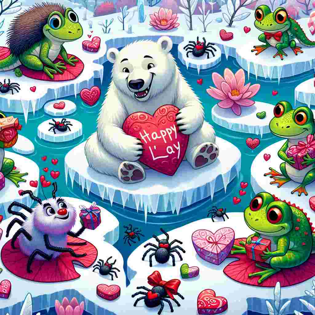 Create an image of a whimsical cartoon scene set on Valentine's Day. The setting is an icy landscape where polar bears, characterized by their large size, white fur, and round bodies, share heart-shaped ice blocks with grinning spiders, each spider decorated with tiny red bows. Noticeably joyful frogs and lizards of various descents and genders are seated among heart-shaped lily pads, surrounded by vibrant pink tropical flowers. They exchange Valentine's Day cards and unique chocolate-flies that are wrapped neatly in colorful ribbons.
Generated with these themes: Spiders, Polar bears, Frogs, and Lizards.
Made with ❤️ by AI.
