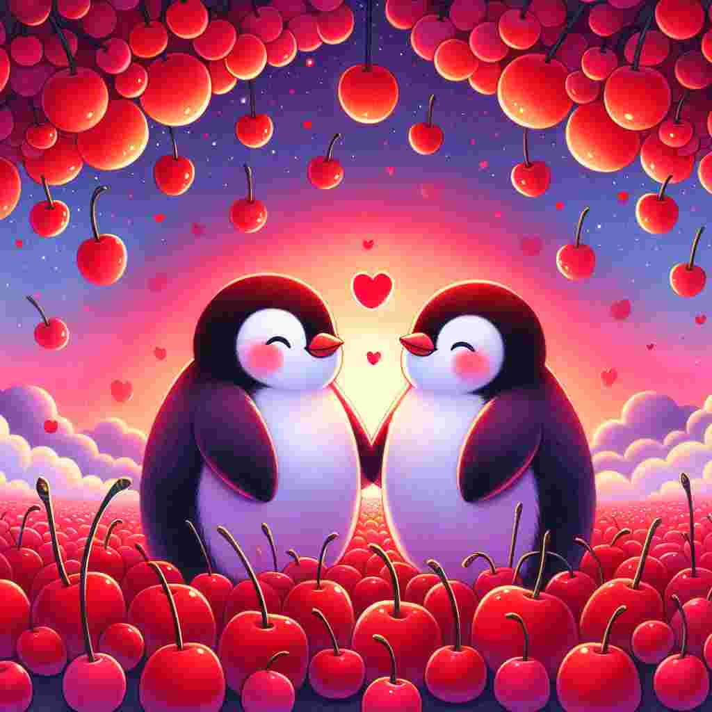 A charming illustration showcasing two endearing, plump penguins standing together, with their flippers touching each other, within a vast space filled with countless vivid red cherries. In the sky above them, colors gradually shift from compelling oranges to soothing pinks, signaling the arrival of a serene and passionate sunset. The cherries provide striking red accents that underscore a Valentine's Day theme. The expressions on the penguins' faces reveal they are gazing into each other's eyes with pure affection and admiration. This creates a scene that elicits a feeling of warmth, love, and shared connection.
Generated with these themes: Penguins , Cherries , and Sunset.
Made with ❤️ by AI.